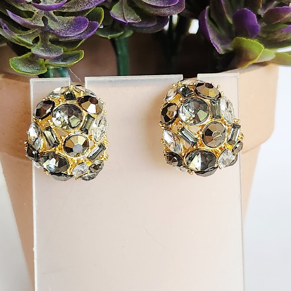 Gold Tone Smokey Grey Clear Crystal Chunky Wide Hoop Statement Earrings